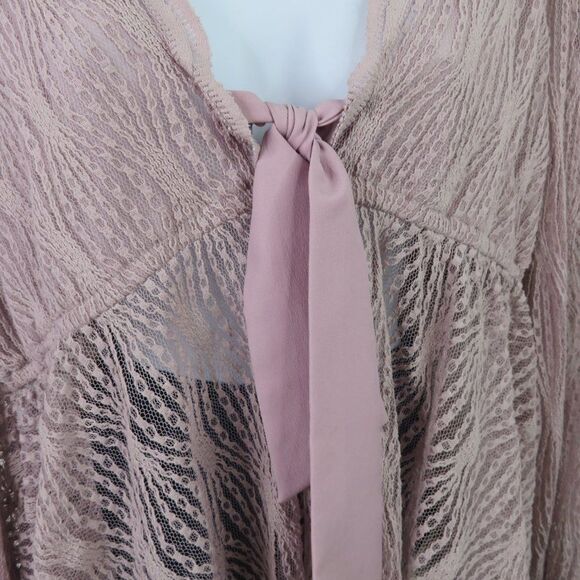 Free People Pink Lace Top Size Medium Peasant Crop Ribbon Tie Sheer Empire LS - Picture 5 of 13